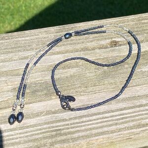 Express beaded Y necklace clear and gunmetal colored seed beads